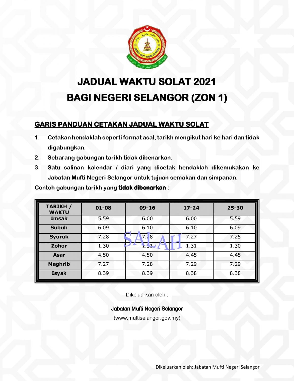 JADUAL WAKTU SOLAT NEGERI SELANGOR ZON 1 TAHUN 2021 ...