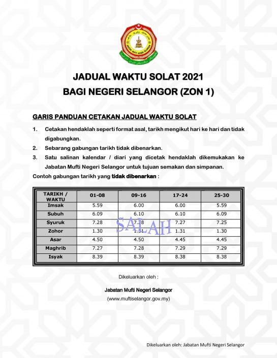 Jadual Waktu Solat Negeri Selangor Zon 1 Tahun 2021 – MAJLIS