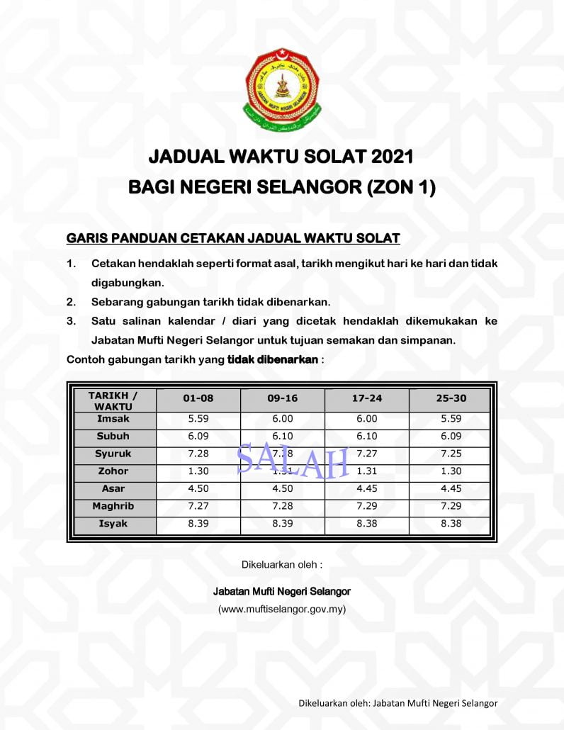 Jadual Waktu Solat Negeri Selangor Zon 1 Tahun 2021 Sepang Municipal Council