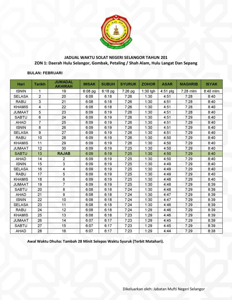 Jadual Waktu Solat Negeri Selangor Zon 1 Tahun 2021 Sepang Municipal Council