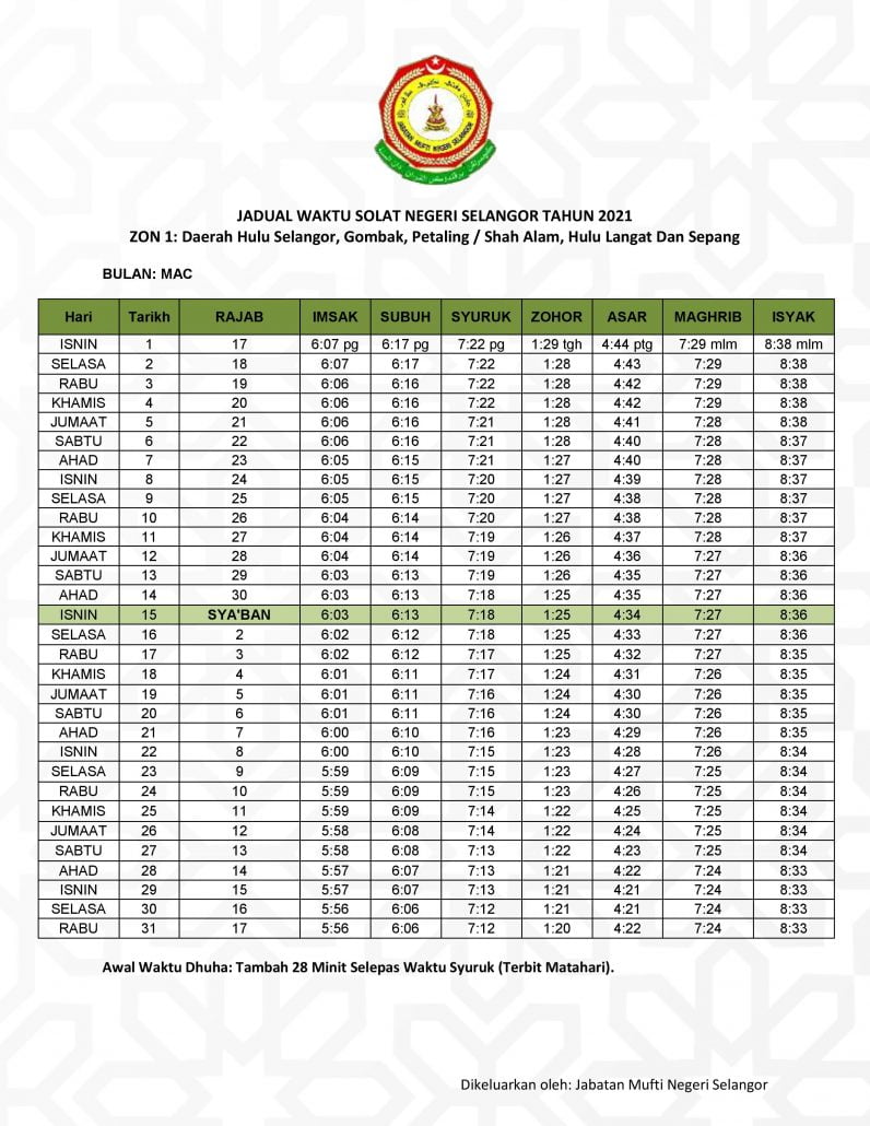 Subuh selangor 2022 waktu Jadwal Sholat