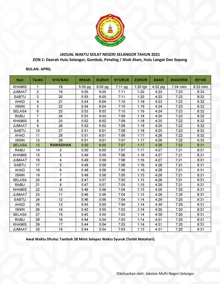 Jadual Waktu Solat Negeri Selangor Zon 1 Tahun 2021 – MAJLIS