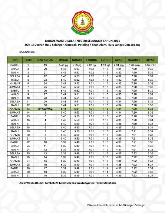 JADUAL WAKTU SOLAT NEGERI SELANGOR ZON 1 TAHUN 2021 ...