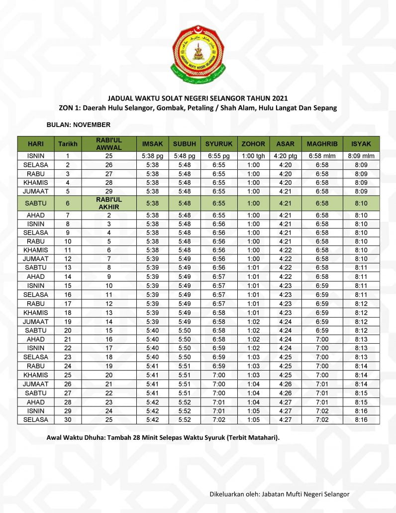 JADUAL WAKTU SOLAT NEGERI SELANGOR ZON 1 TAHUN 2021 ...